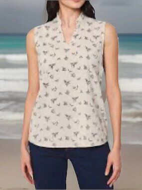 Modern Ambition Women’s Ruffle Collar Sleeveless Top Blouse V-Neck Tan Large NWT